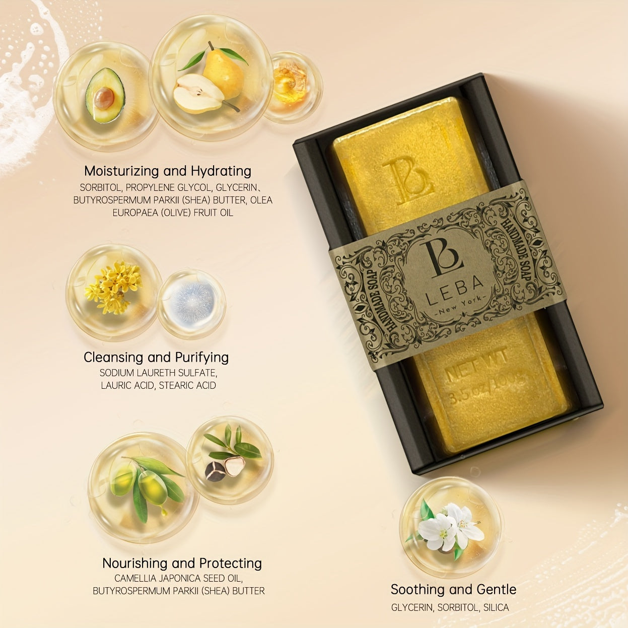 LEBA Golden Handmade Soap, Aromatic, Shiny, Natural